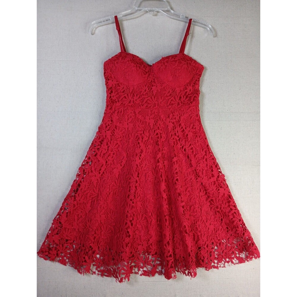 Lulu's Lace Bustier Skater Dress XS Red Lined Back Sip Adjustable Straps EUC